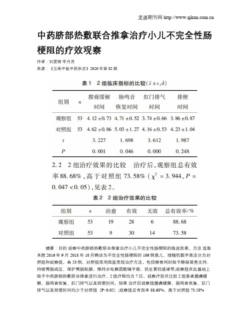 中药脐部热敷联合推拿治疗小儿不完全性肠梗阻的疗效观察