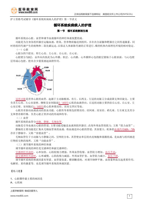 循环系统解剖生理--护士资格考试辅导《循环系统疾病病人的护理》第一节讲义