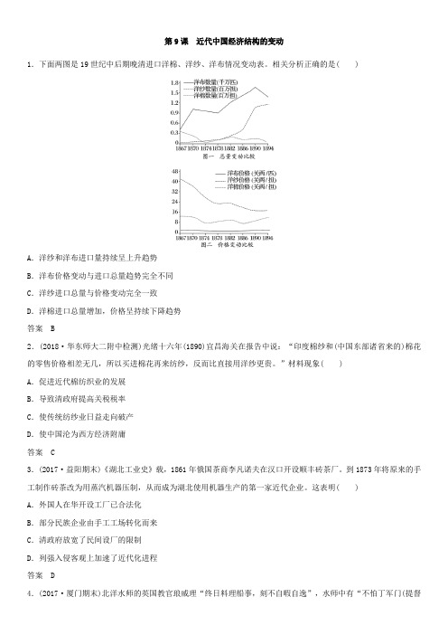 2018-2019学年人教版高一历史(必修2)第三单元 第9课 近代中国经济结构的变动 课后练习