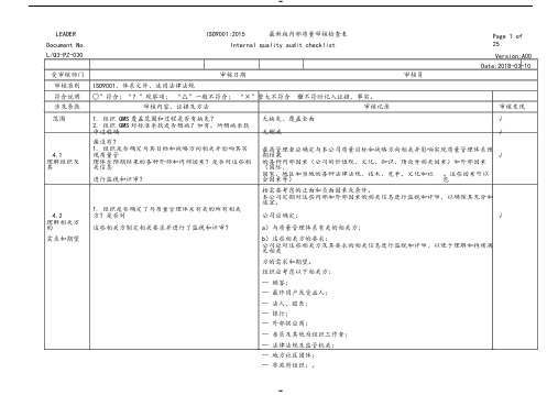 ISO9001-2015内审检查表(附检查记录)