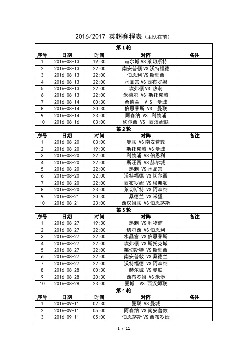 2016-2017英超赛程表