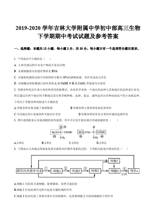 2019-2020学年吉林大学附属中学初中部高三生物下学期期中考试试题及参考答案