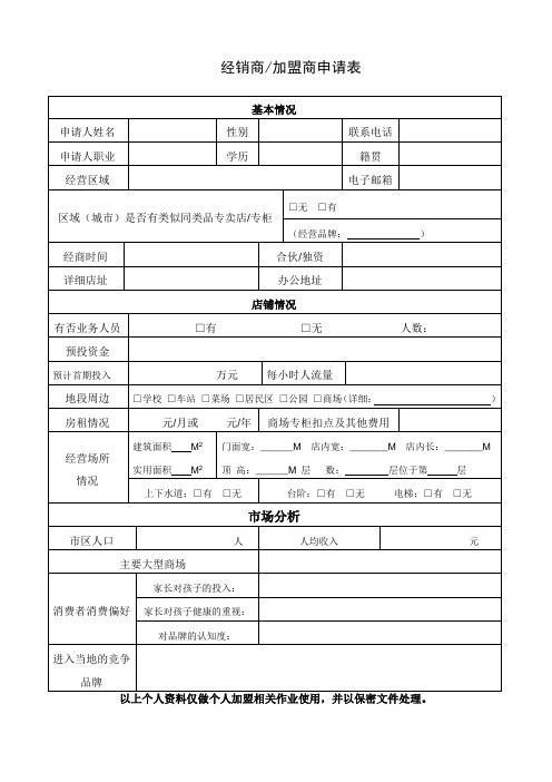 经销商加盟商申请表