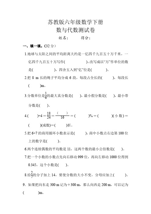 苏教版六年级数学下册数与代数测试卷