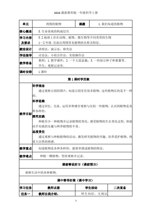 2024教科版小学科学一年级上册《1.我们知道的植物》教学设计