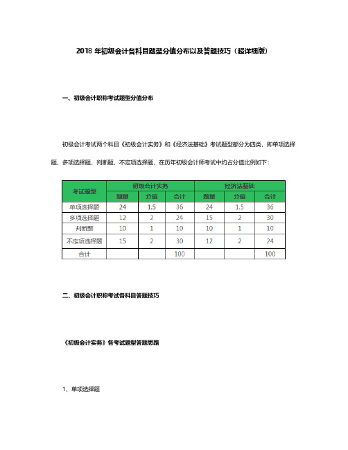 [VIP专享]2018年初级会计职称各科目题型分值分布以及答题技巧(超详细版)