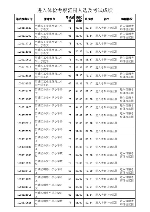 进入体检考察范围人选及考试成绩