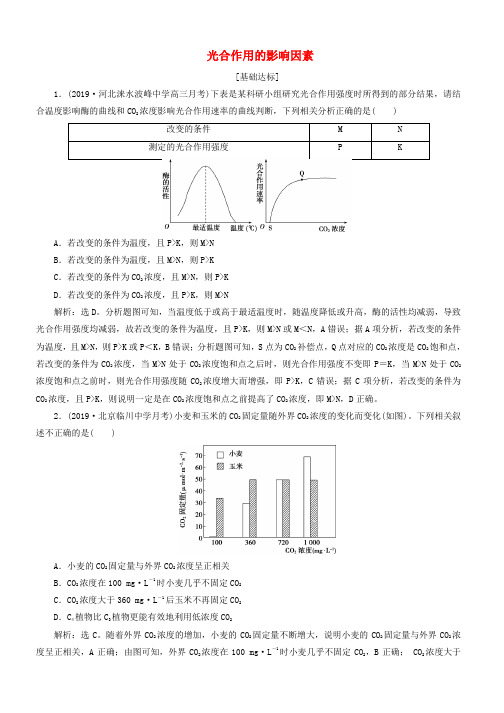 人教通用版2020版高考生物新探究大一轮复习第11讲光合作用的影响因素检测含解析