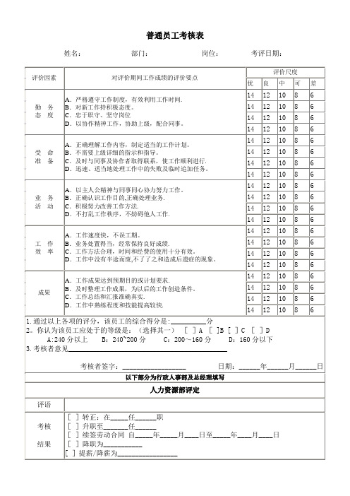 文件表格普通员工考核表