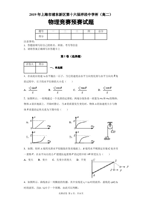 2019年上海市浦东新区高二第十六届洋泾中学杯高中物理竞赛预赛试题及答案解析