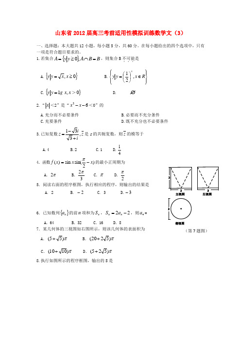 山东省2012届高三数学考前适应性模拟训练(3) 文 新人教A版