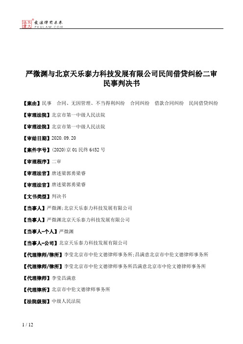 严微渊与北京天乐泰力科技发展有限公司民间借贷纠纷二审民事判决书