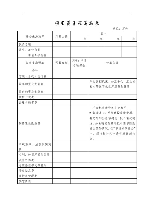 项目资金预算总表