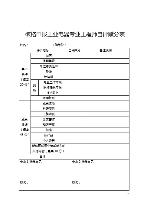 破格申报工业电器专业工程师自评赋分表