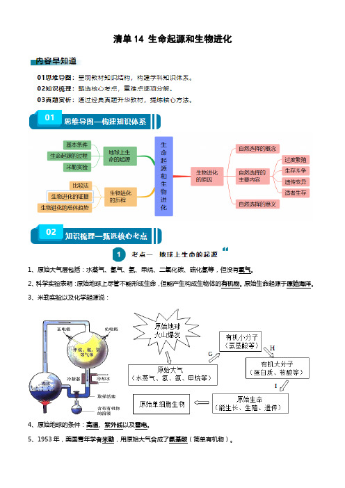 清单14 生命起源和生物进化(3大考点+5大高频命题点)2024年中考生物一轮复习知识清单