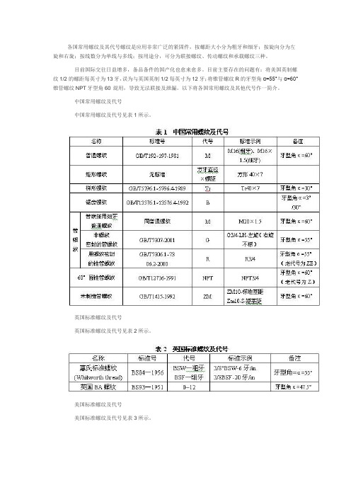 各国常用螺纹及其代号