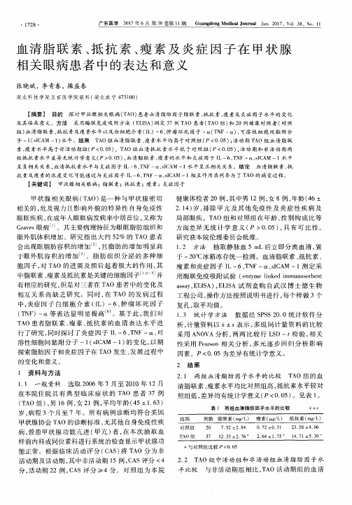 血清脂联素、抵抗素、瘦素及炎症因子在甲状腺相关眼病患者中的表