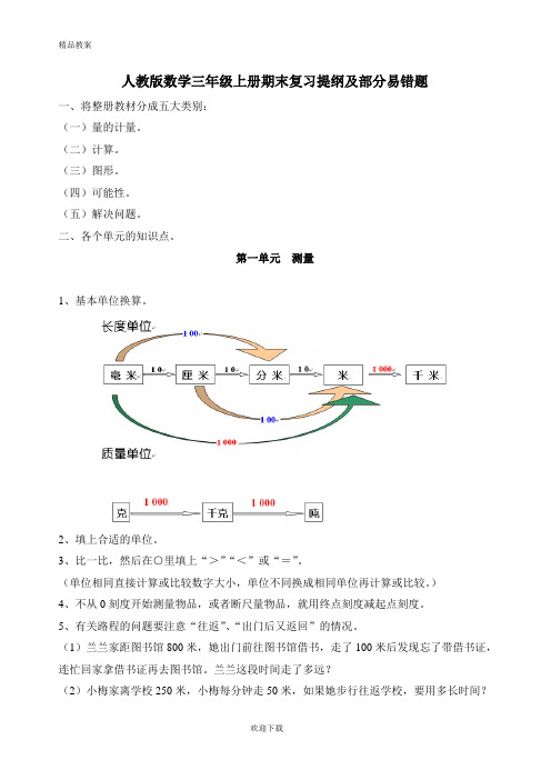 【优质部编】人教版三年级上册数学期末复习提纲及部分易错题(教研室编写)