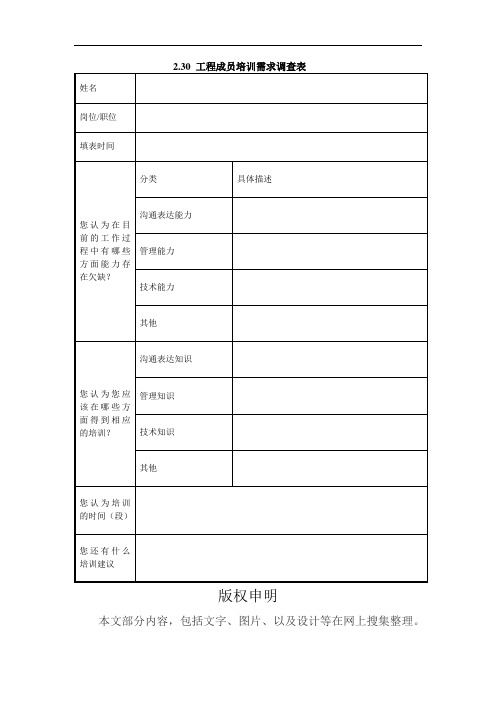 项目成员培训需求调查表