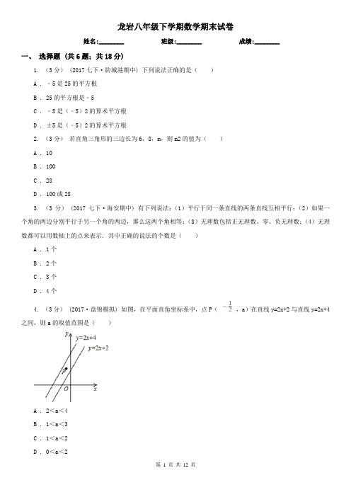 龙岩八年级下学期数学期末试卷