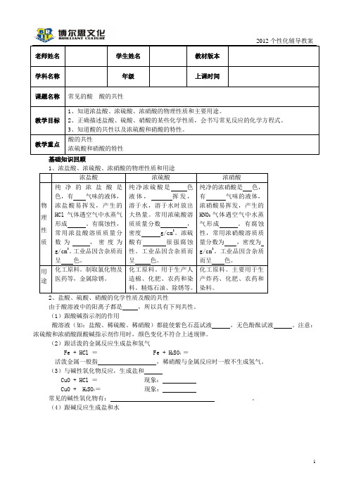 中考化学专题 常见的酸 酸的共性