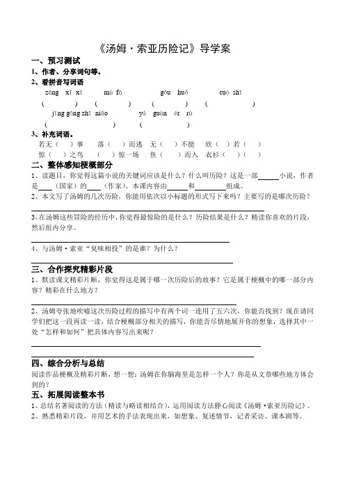 《汤姆·索亚历险记》导学案