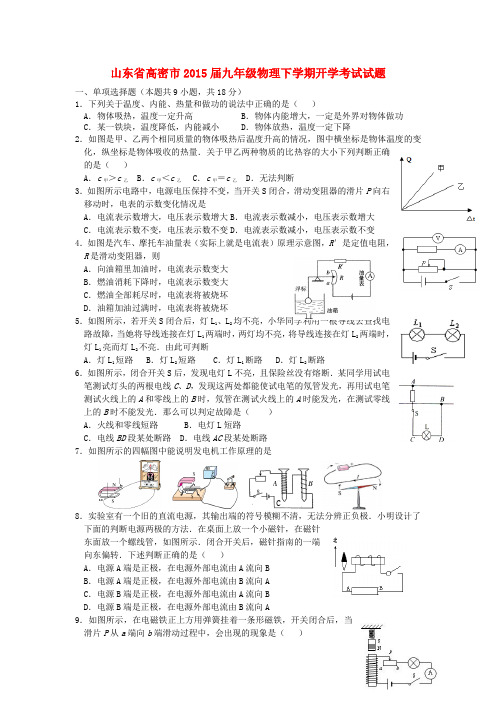 山东省高密市九年级物理下学期开学考试试题 鲁教版