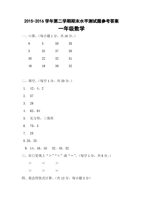 2015学年一年级数学第二学期期末质检试题答案