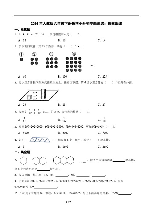 2024年人教版六年级下册数学小升初专题训练：探索规律(含答案)