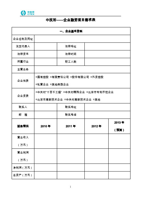 中技所——企业融资项目需求表