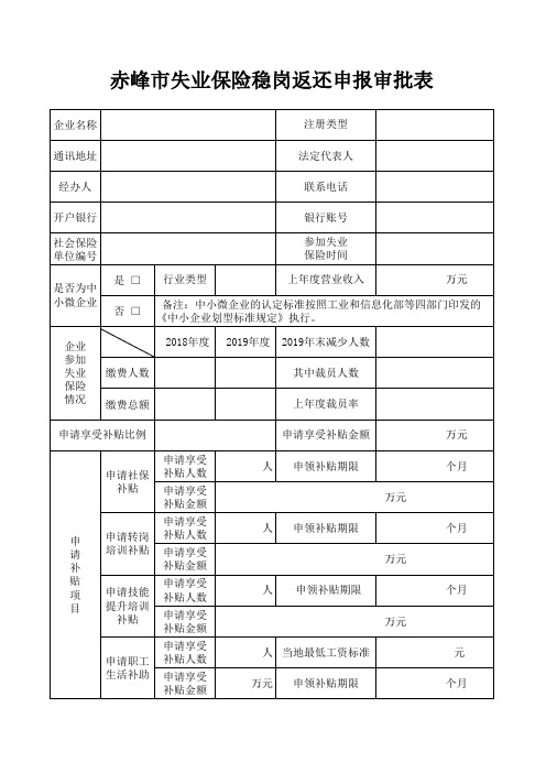 赤峰市失业保险稳岗返还申报审批表