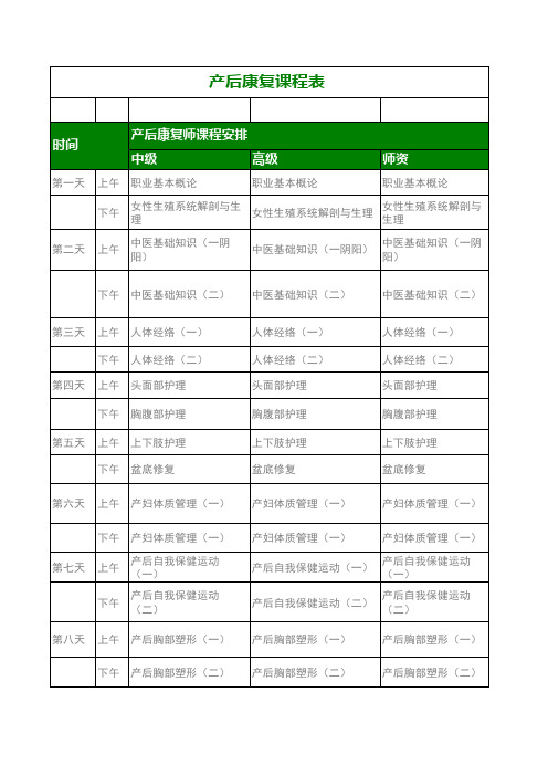 产后恢复课程表--