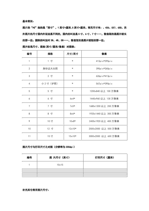 照片标准尺寸对照表