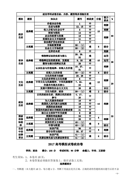 高考模拟命题比赛政治试卷11word版有答案