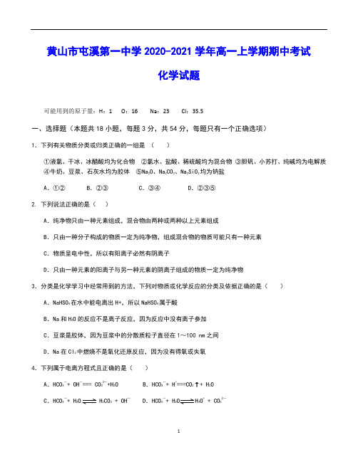 黄山市屯溪第一中学2020-2021学年高一上学期期中考试 化学试题(含答案)