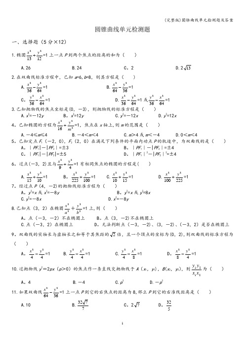 (完整版)圆锥曲线单元检测题及答案