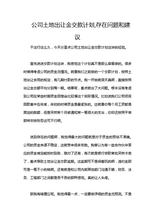 公司土地出让金交款计划,存在问题和建议