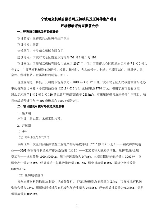 宁波瑞立机械有限公司压铸模具及压铸件生产项目