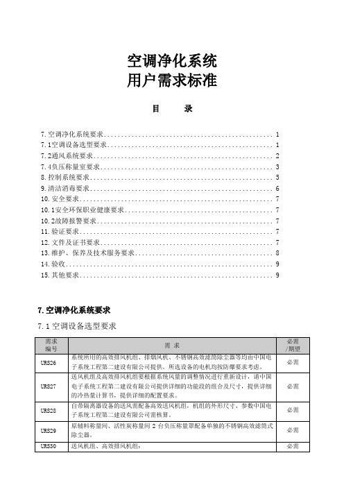 空调净化系统用户需求标准