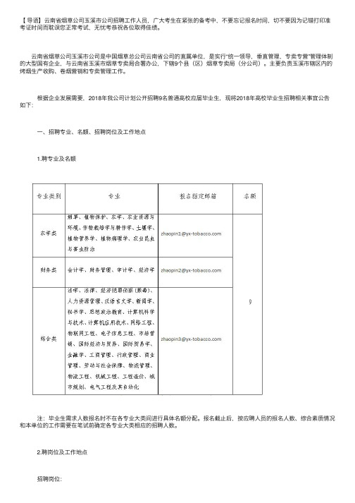 2018年云南省烟草公司玉溪市公司招聘公告【9人】