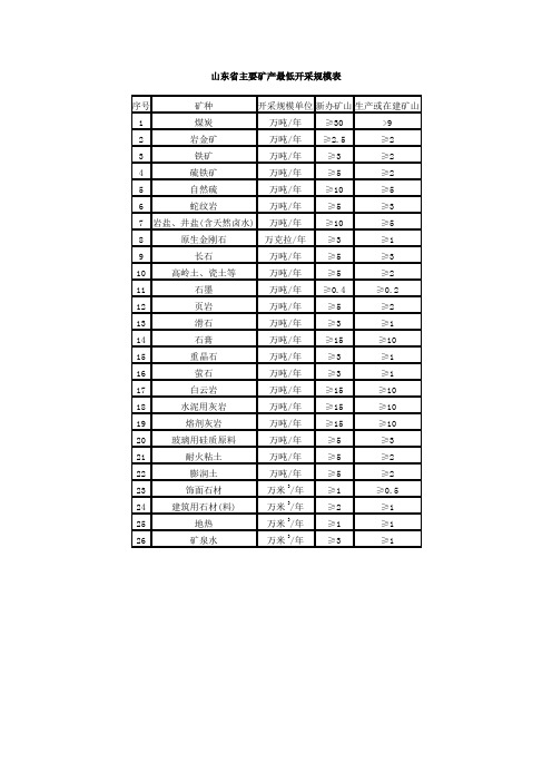 山东省主要矿产最低开采规模表
