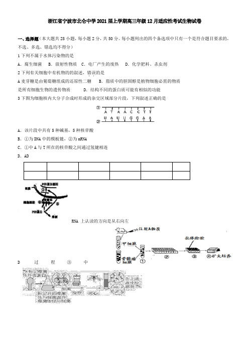 浙江省宁波市北仑中学2021届上学期高三年级12月适应性考试生物试卷