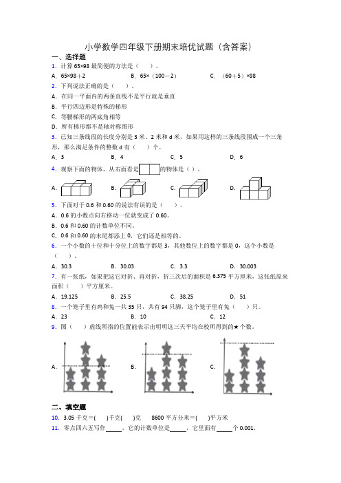 小学数学四年级下册期末培优试题(含答案)