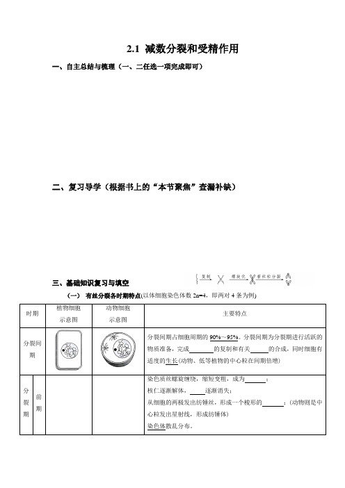 减数分裂和受精作用导学案高一下学期生物人教版生物必修2