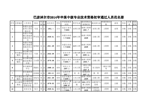 巴彦淖尔市2014年申报中级专业技术资格初审通过人员花名册