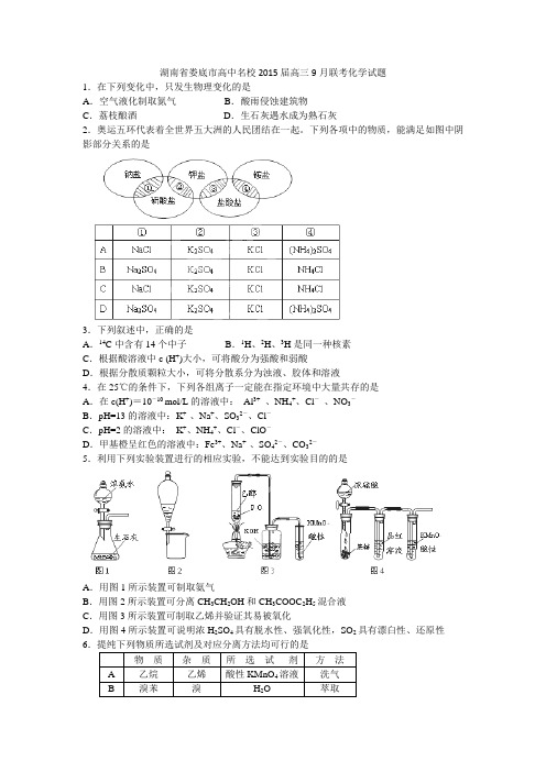 湖南省娄底市高中名校2015届高三9月联考化学试题