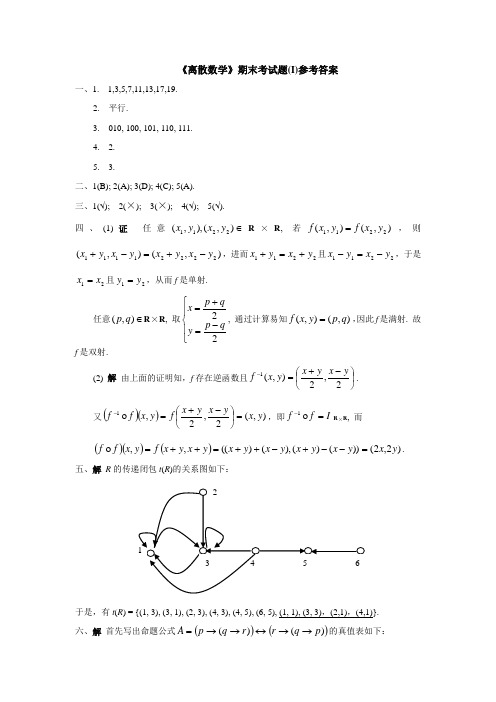 【浙江工商大学】《离散数学》期末考试题(I)参考答案