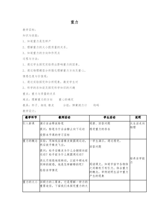 教科版八年级物理下册第七章4. 重力 课程教学设计