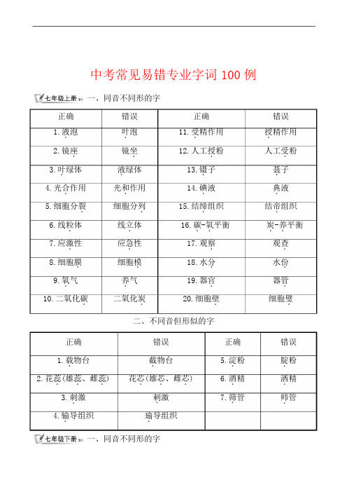 中考生物中考常见易错专业字词00例