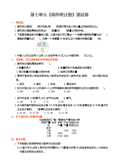  人教版六年级数学上册第七单元《扇形统计图》测试卷(有答案)